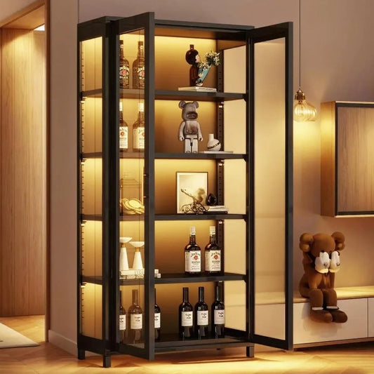 Glass Door Display Cabinet With Five Tier Adjustable Shelves