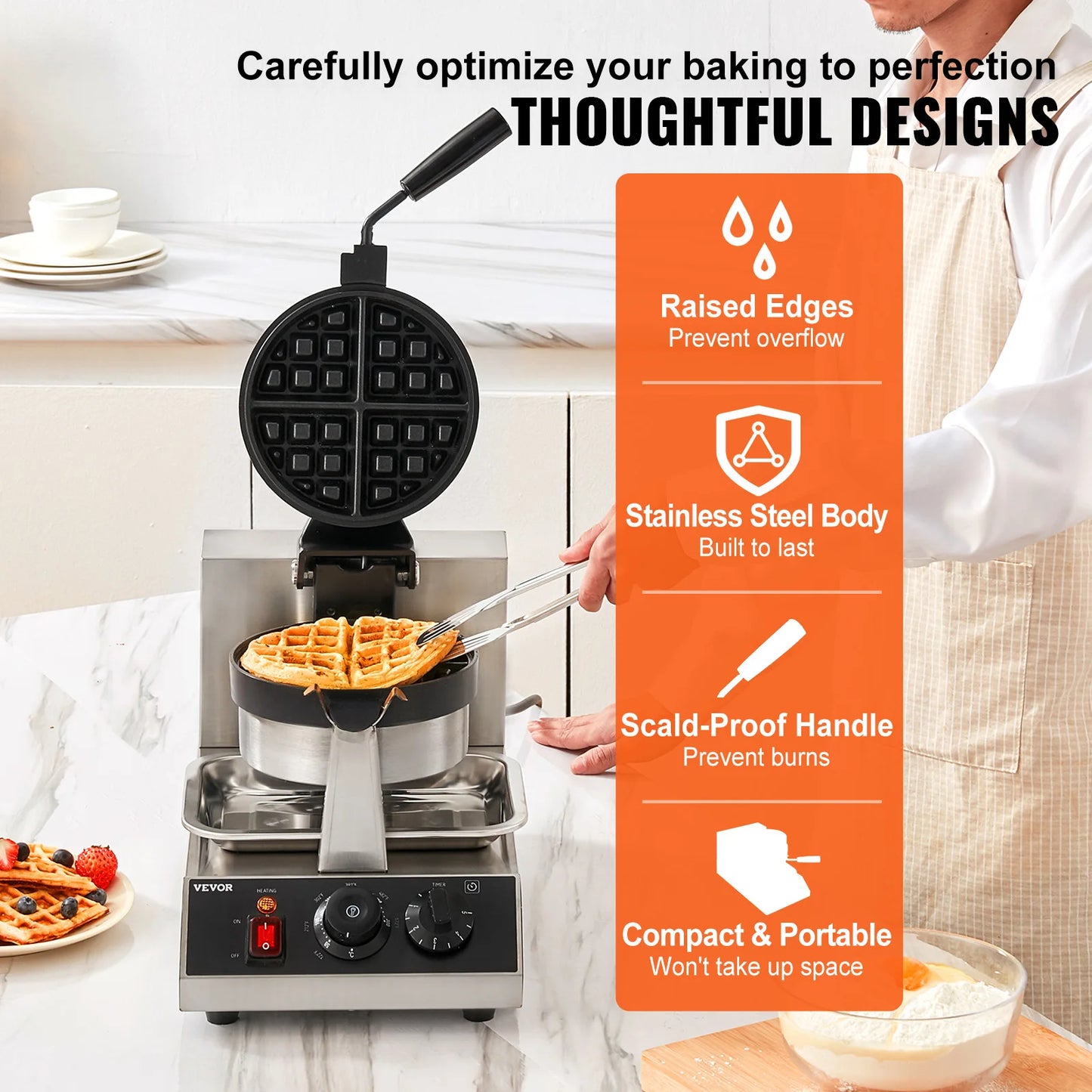 SucceBuy Electric Waffle Maker Stainless Steel Round Waffle Iron Non-Stick Waffle Baker Machine Teflon-Coated Baking Pans