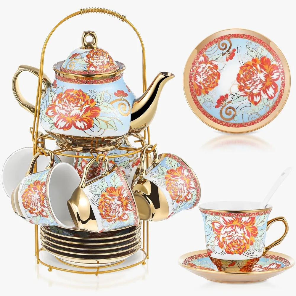 Zhejiang Porcelain European Flower Tea Set Teapot Cups