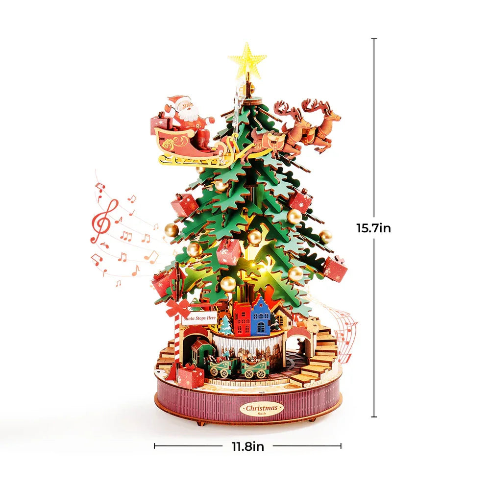 Robotime Rolife Christmas Melody Tree Music Boxes 3D Wooden Puzzle with Light Perfect Gifts for Family  Easy Assemble Toys
