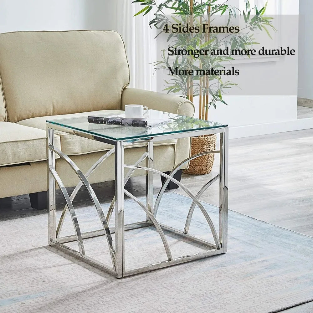 Accent Glass End Table Silver Modern Square 21.45" Glass and Silver End Table Coffee Table Tempered Glass with Stainless Steel F