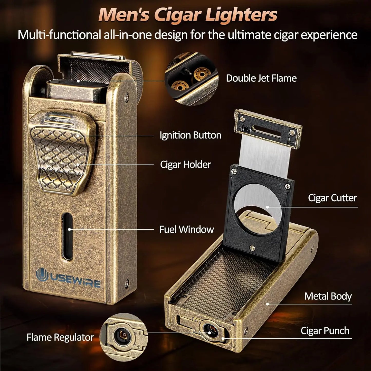 UseWire Leather Cigar Humidor With Lighter Cutter Built In