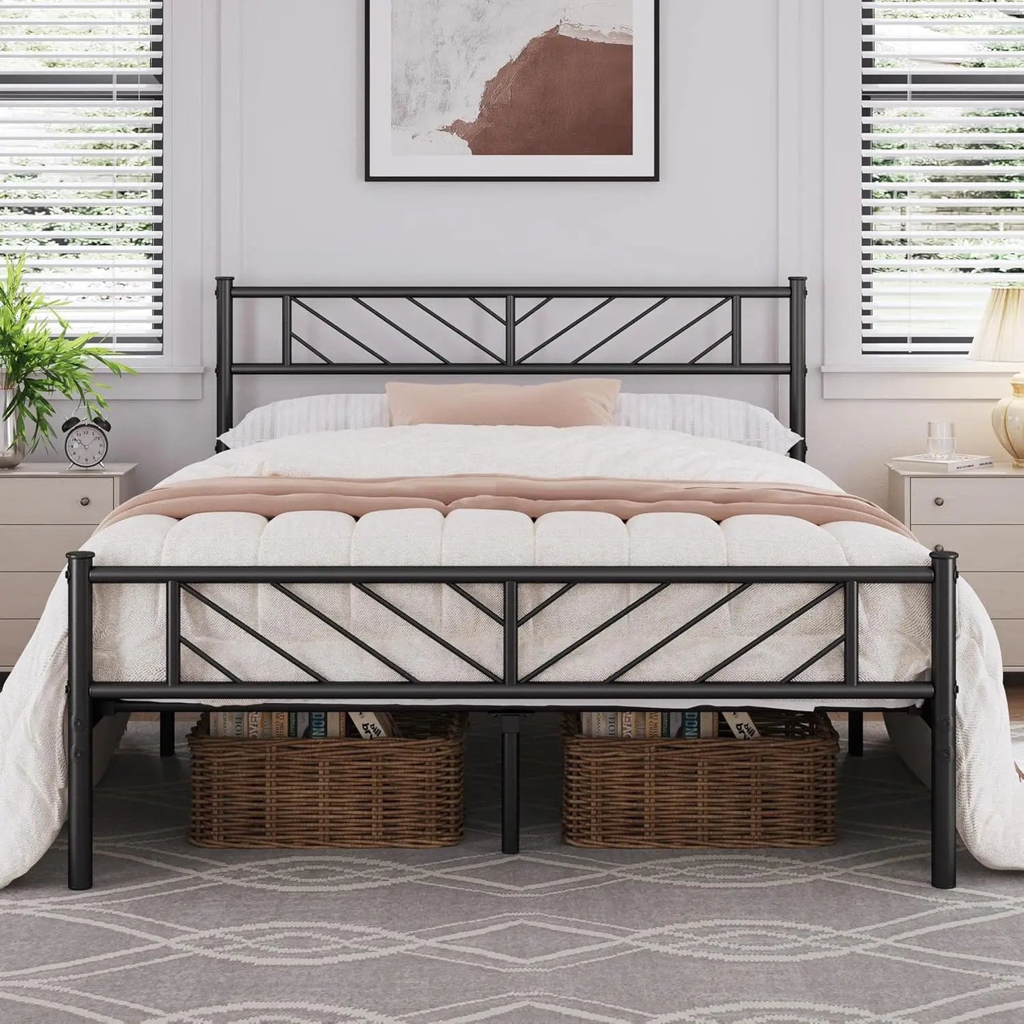 Queen Size Platform Bed Frame with Arrow Headboard, 13 Inch Height, Metal Slats Support, Easy Assembly, Black