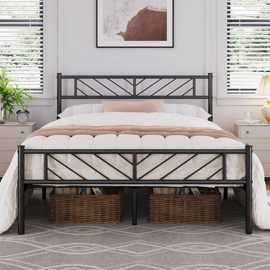 Queen Size Platform Bed Frame with Arrow Headboard, 13 Inch Height, Metal Slats Support, Easy Assembly, Black