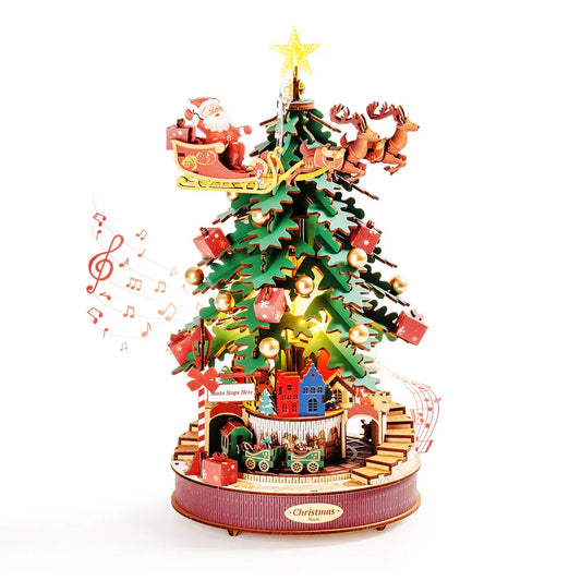 Robotime Rolife Christmas Melody Tree Music Boxes 3D Wooden Puzzle with Light Perfect Gifts for Family  Easy Assemble Toys