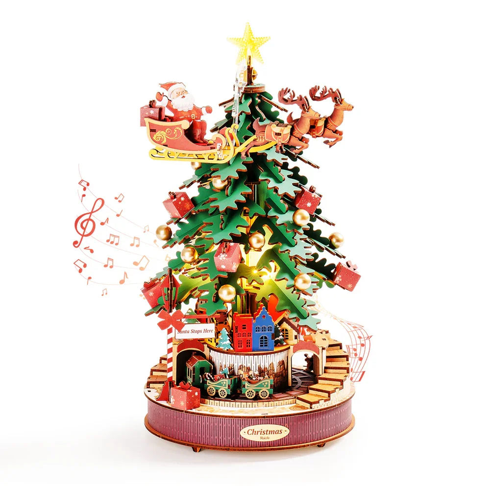 Robotime Rolife Christmas Melody Tree Music Boxes 3D Wooden Puzzle with Light Perfect Gifts for Family  Easy Assemble Toys