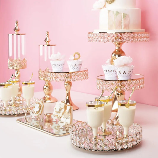 Crystal Gold Cake Stand Set 10 Pcs With Mirror Plate And Dessert Display