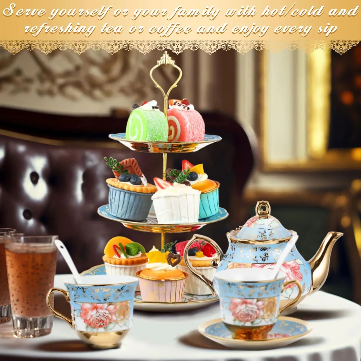 21 Pcs Adults European Floral Tea Set W/ Metal Holder  Tier Ceramic Cake Stand Porcelain  Flower Cup Teapot