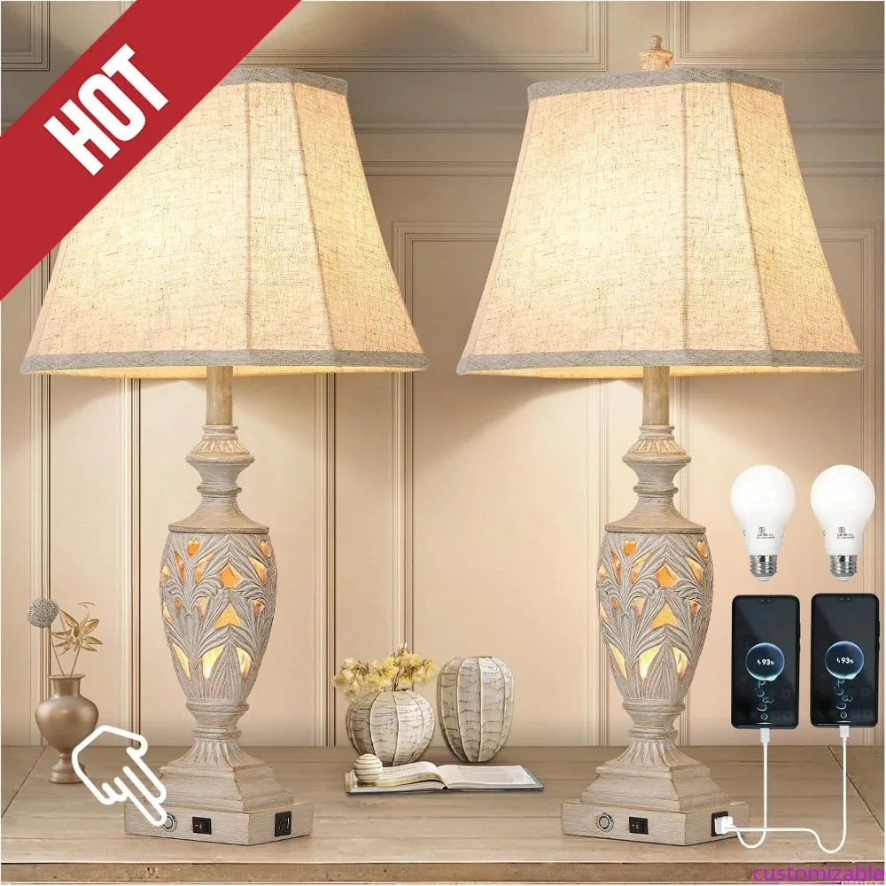 XMSJ Touch Control Traditional Lamps Set Of 2 With USB Ports