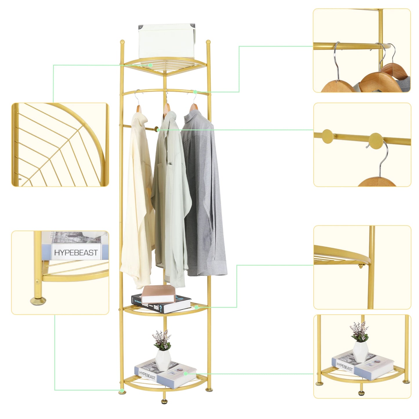Metal Corner Coat Stand Clothes Rack with Storage Shelf Free Standing Garment Rack Hall Tree
