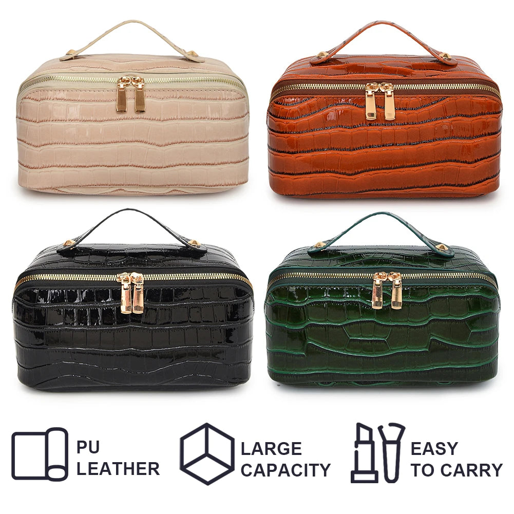 Closure PU Leather Makeup Bag Multi Compartment Cosmetic Organizer