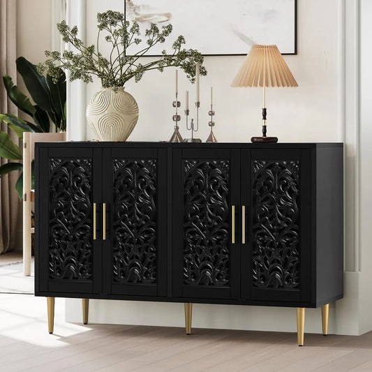 HUANZHUANG Accent Cabinet With 4 Doors Vintage Carved Buffet Storage