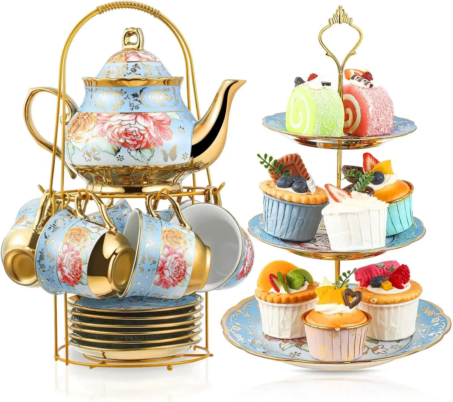 21 Pcs Adults European Floral Tea Set W/ Metal Holder  Tier Ceramic Cake Stand Porcelain  Flower Cup Teapot