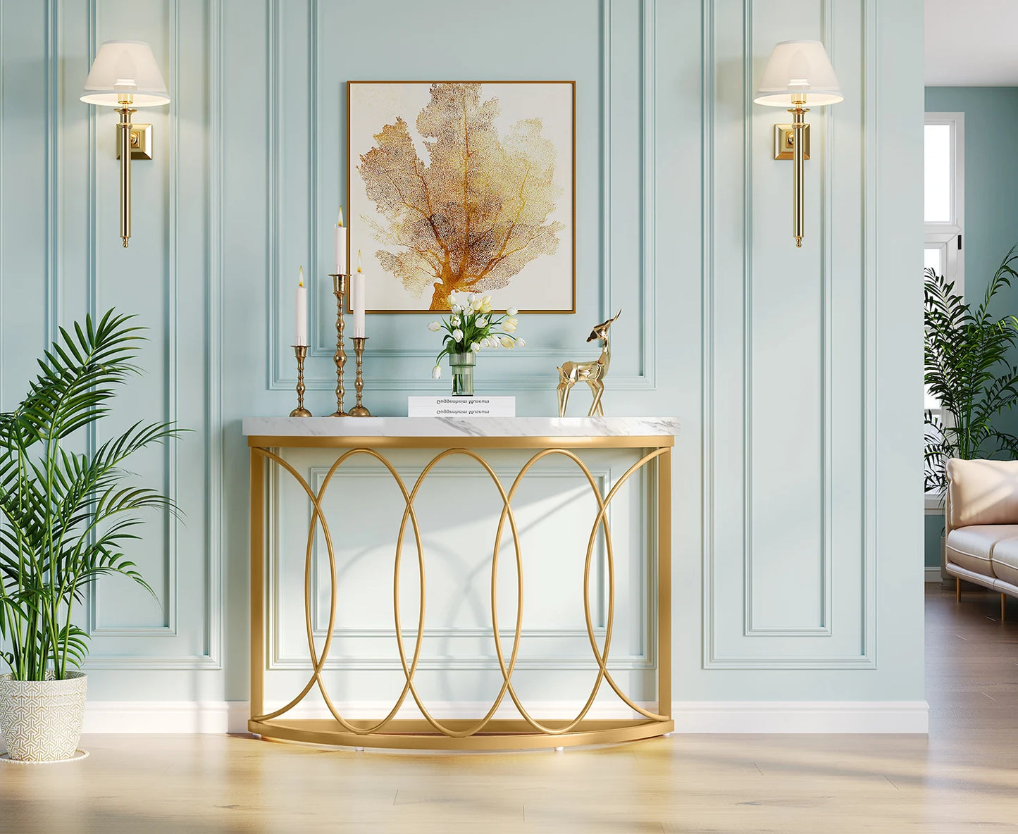 Tribesigns Half Moon Gold Console Table, 43" Modern Entryway Table, Narrow Semi Circle Sofa Table with Geometric Metal Frame