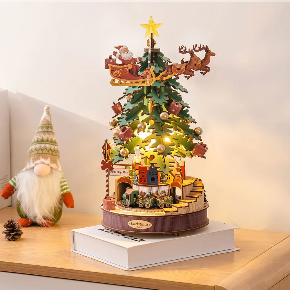 Robotime Rolife Christmas Melody Tree Music Boxes 3D Wooden Puzzle with Light Perfect Gifts for Family  Easy Assemble Toys