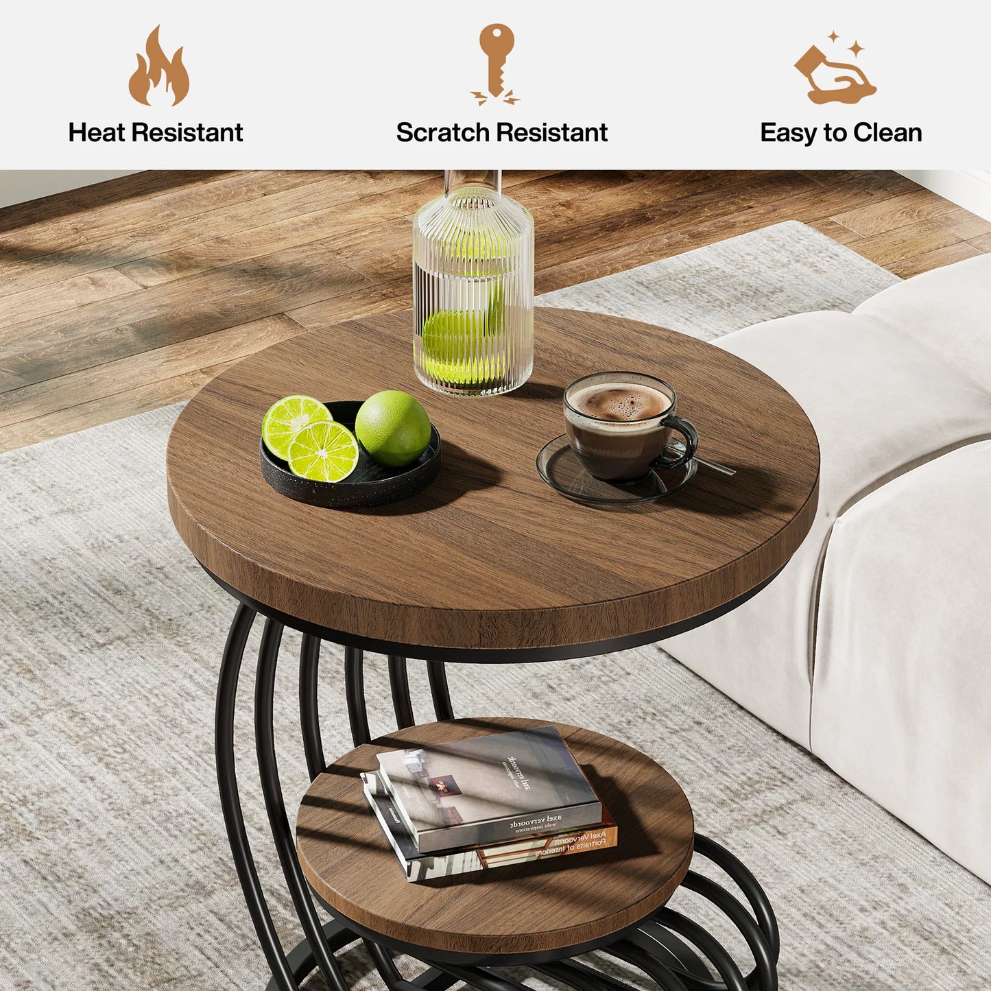 Tribesigns Gold Round End Table: 2 Tiers Faux Marble Side Table with Storage Shelf, Modern White Gold Bedside Nightstand