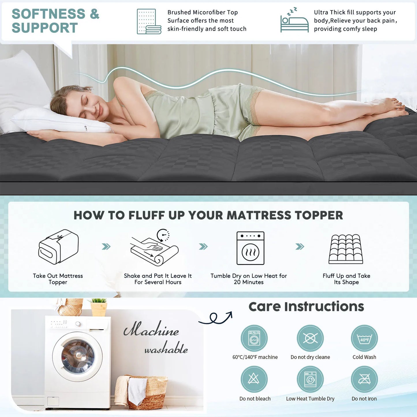 Extra Thick Mattress Topper, Mattress Pad Cover for Back Pain, Cooling Mattress Protector, Overfilled Down Alternative Filling