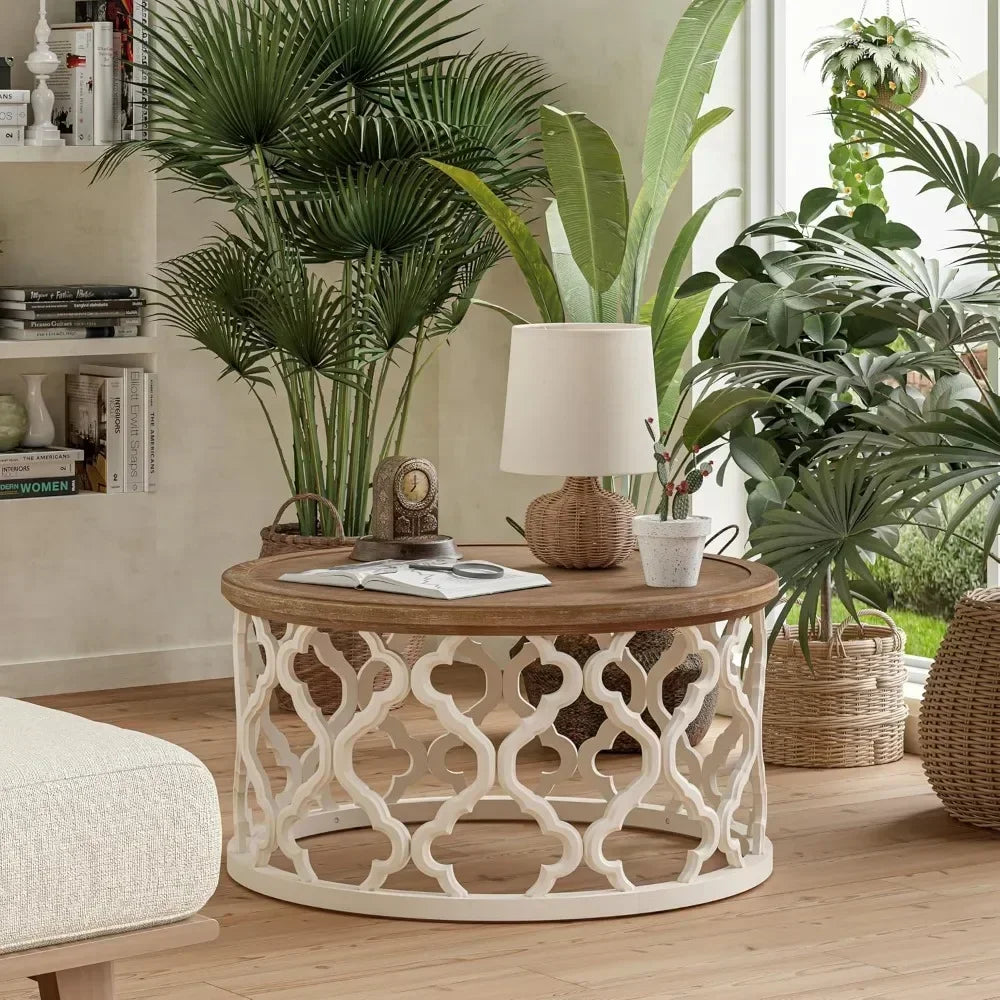 Farmhouse Coffee Table, Distressed Tray Top Table with Curved Motif Frame Base for Boho, Rustic, French Country Decor, Round,