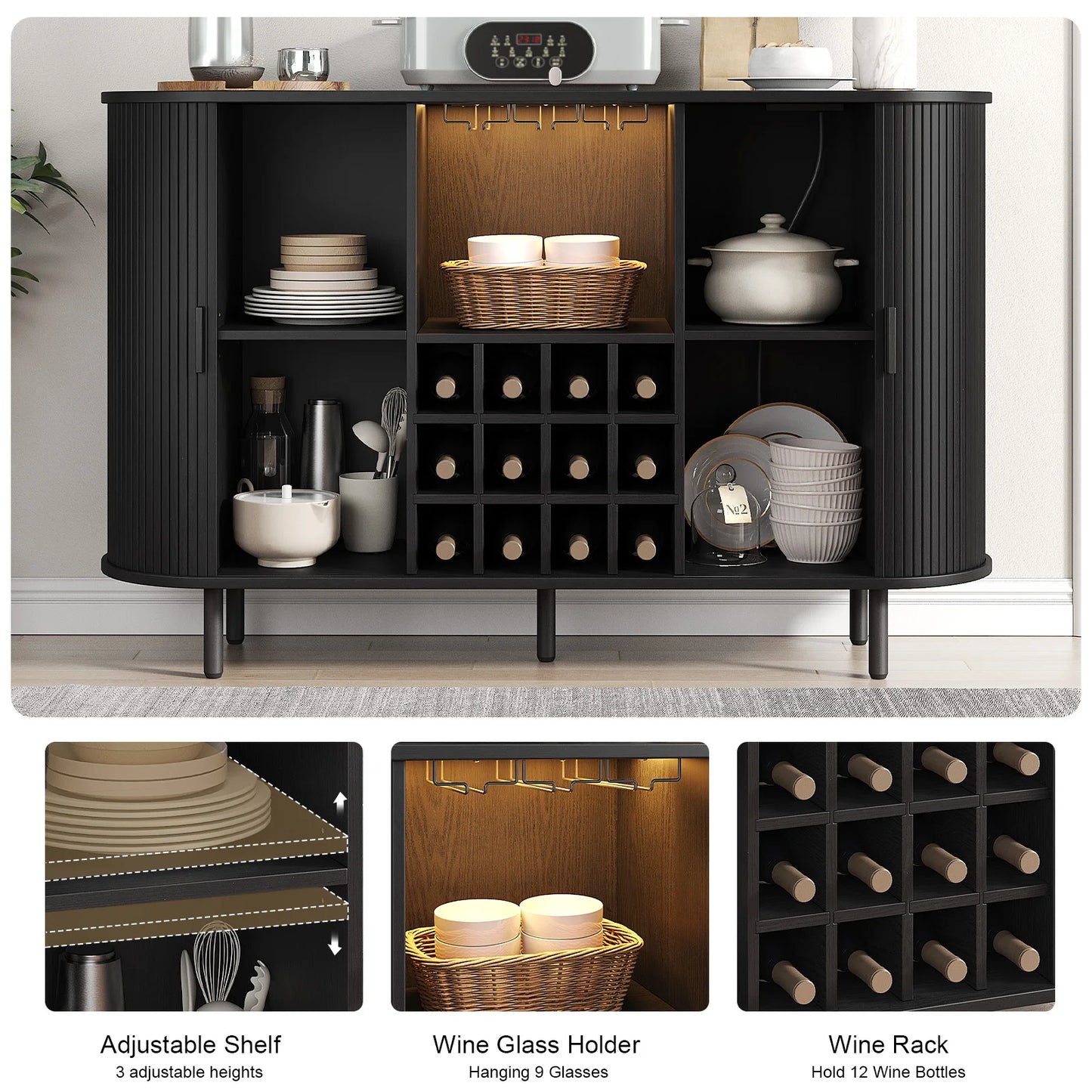 Door Style Wine Bar Cabinet With LED Lights