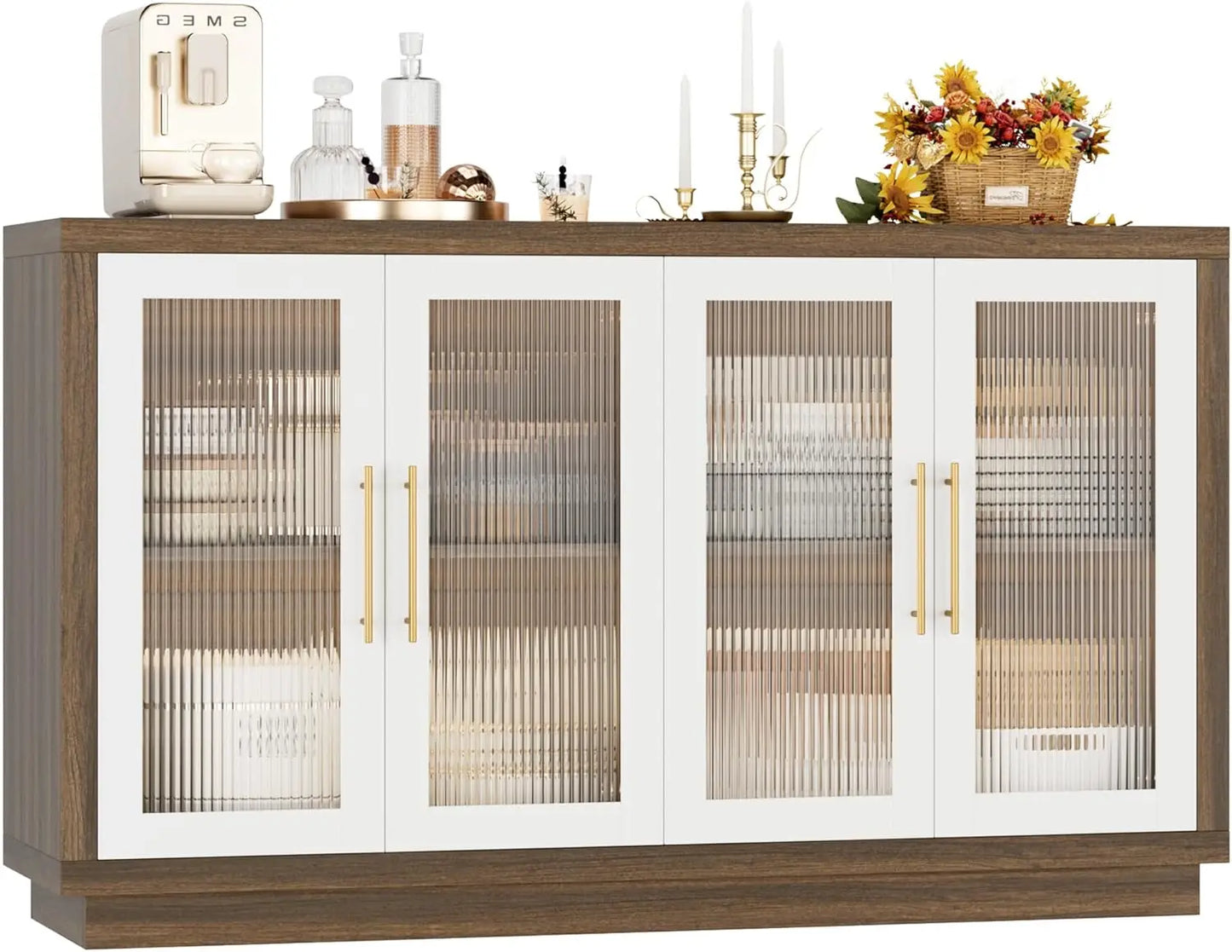 Buffet Cabinet with Storage, 55.1" Large Sideboard Buffet Cabinet, Modern Sideboard Kitchen Cabinet with 4 Fluted Glass Doors