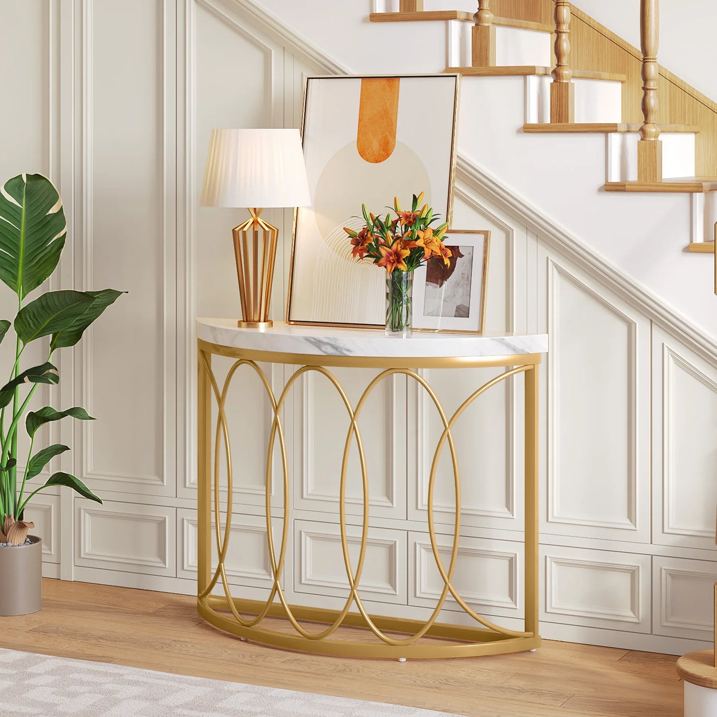 Tribesigns Half Moon Gold Console Table, 43" Modern Entryway Table, Narrow Semi Circle Sofa Table with Geometric Metal Frame