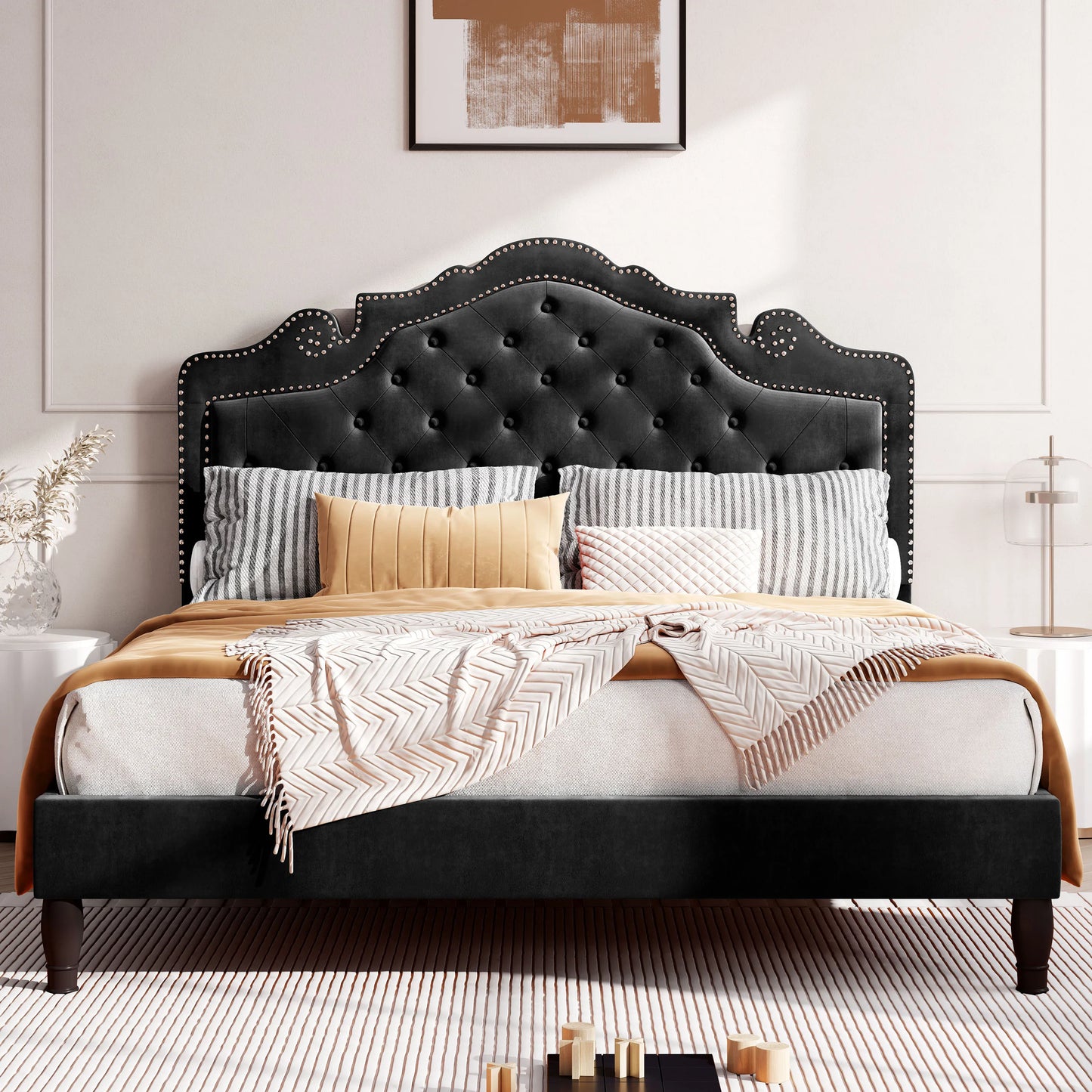 HOOMIC Velvet Tiara Headboard Adjustable Bed Frame Diamond Button Tufted