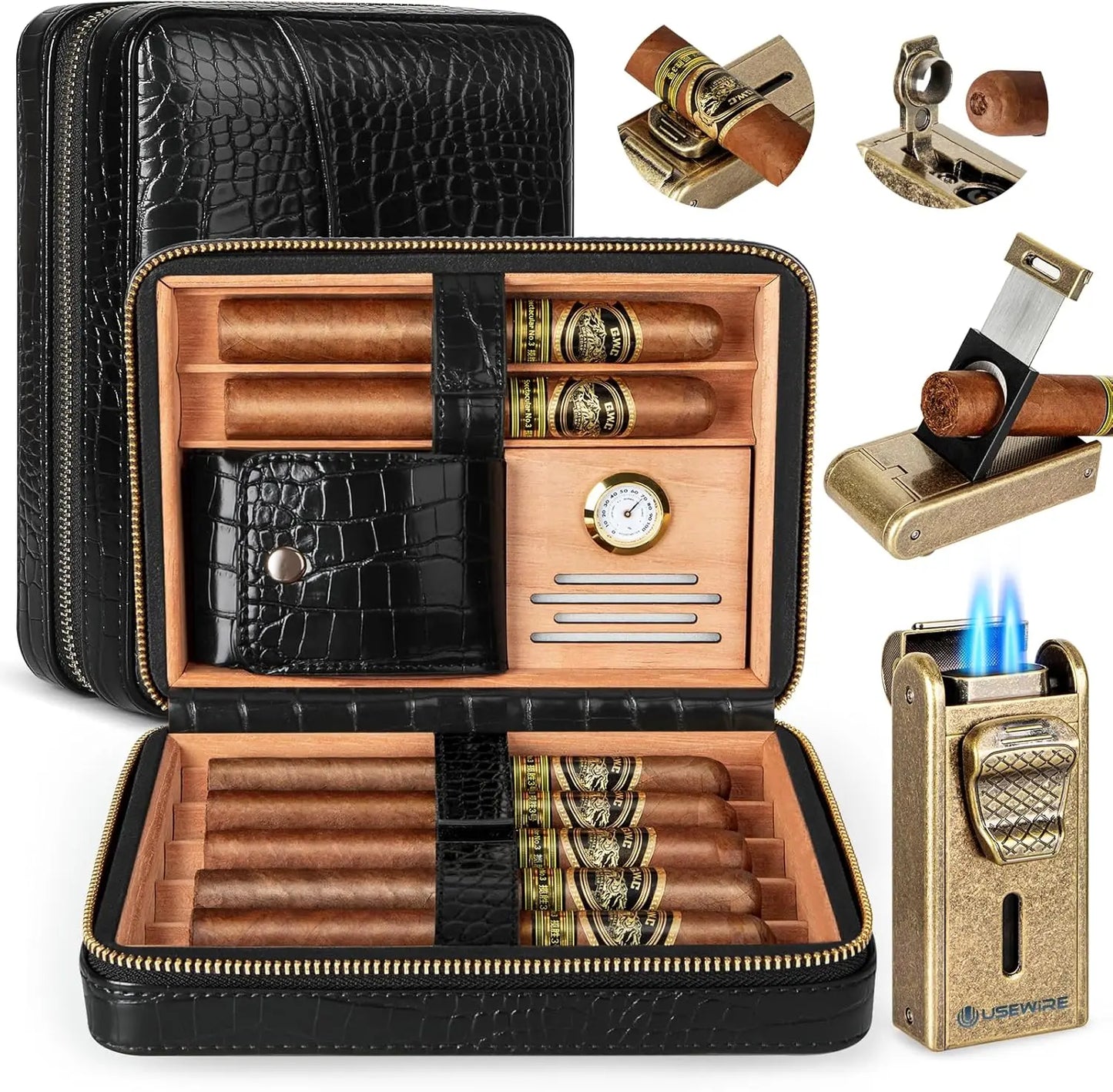 UseWire Leather Cigar Humidor With Lighter Cutter Built In