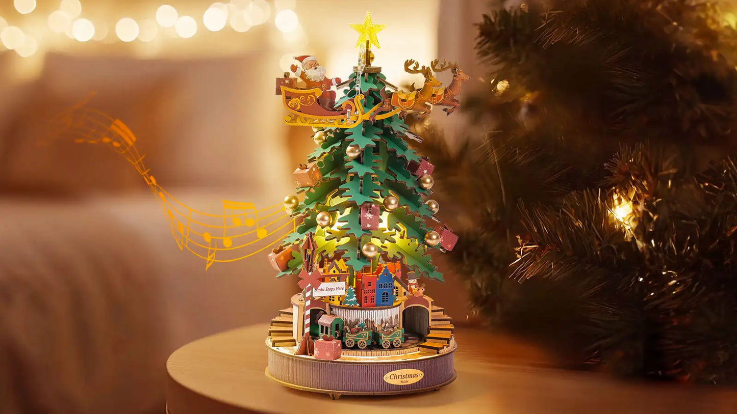 Robotime Rolife Christmas Melody Tree Music Boxes 3D Wooden Puzzle with Light Perfect Gifts for Family  Easy Assemble Toys