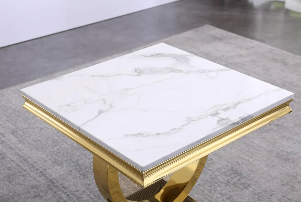 White Marble Coffee Table with Mirrored Stainless Steel Metal Base, Rectangle Faux Marble Top Coffee Table Center Tea