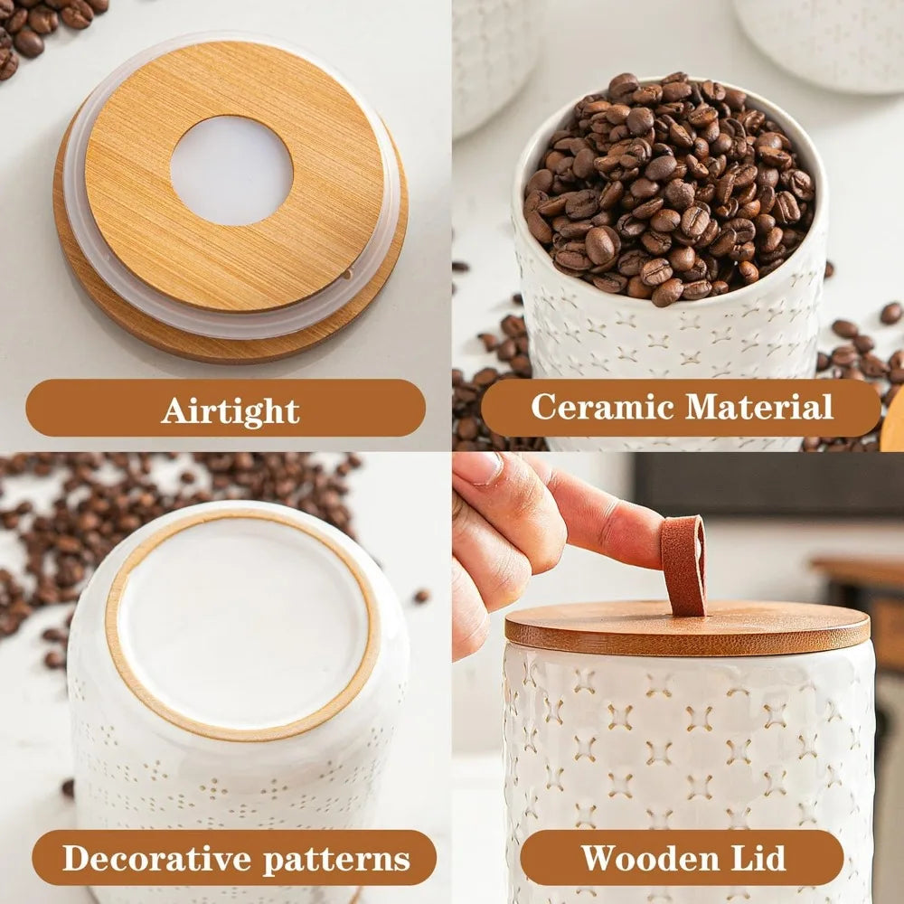 Ceramic Canister Set With Wooden Lids Airtight Food Jars