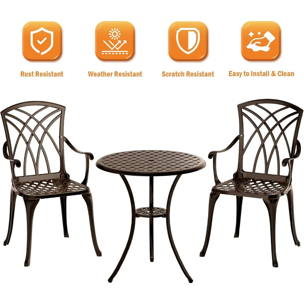 3-Piece Cast Aluminum Outdoor Bistro Set with Umbrella Hole for Balcony, Table and 2 Chairs