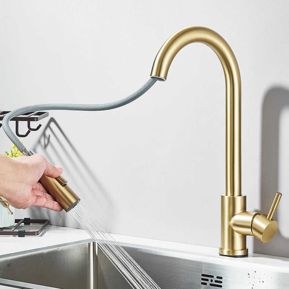 Quyanre Brushed Gold Kitchen Faucet Pull Out Sprayer