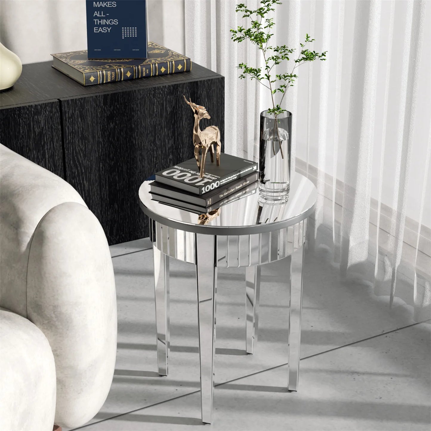 Wisfor Round Mirrored Side Table 2-Tier Storage