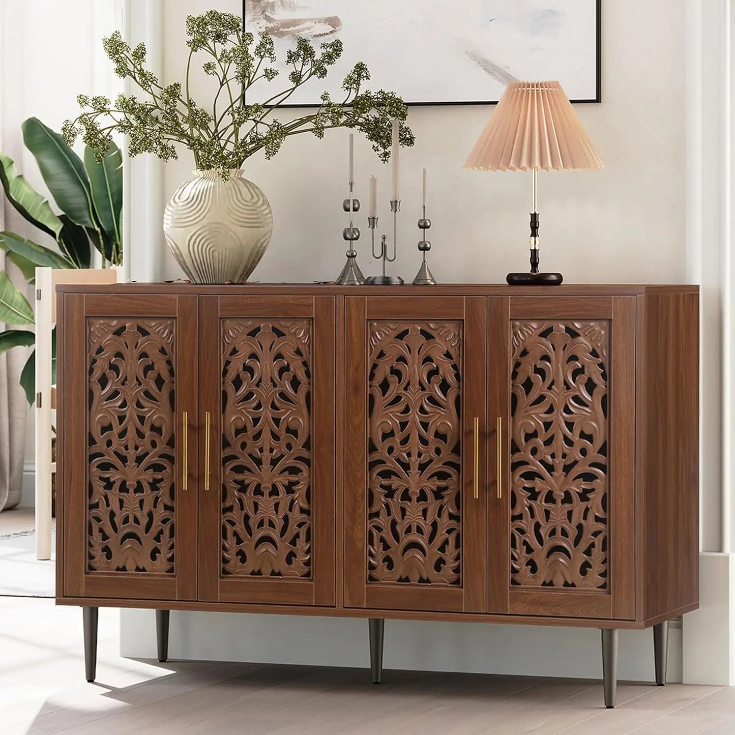 HUANZHUANG Accent Cabinet With 4 Doors Vintage Carved Buffet Storage