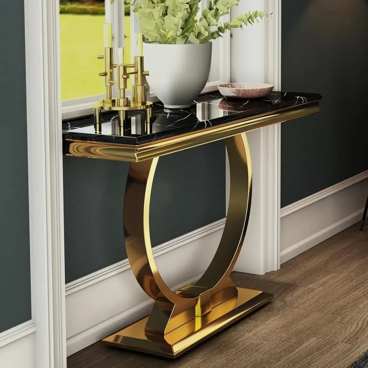[New Arrival, Limited Stock!]Black Gold Console Table, 50" Black EntranceTable with Gold U Shaped Base, Luxury Entryway Table fo