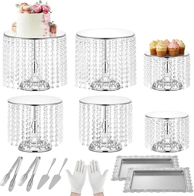 XMSJ 12-Piece Silver Cake Stand Set Vintage Crystal Edge Display