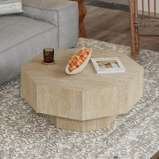 Travertine Coffee Tables 29.92" Modern Octagonal Coffee Table for Living Room, Small Unique Coffee Table Drum Center Table End T