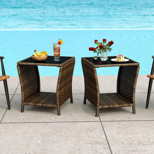 Outdoor Side Table - Set of 2 Tempered Glass Top Small Outdoor Wicker Table with Storage Shelf for Patio, Balcony & Porch