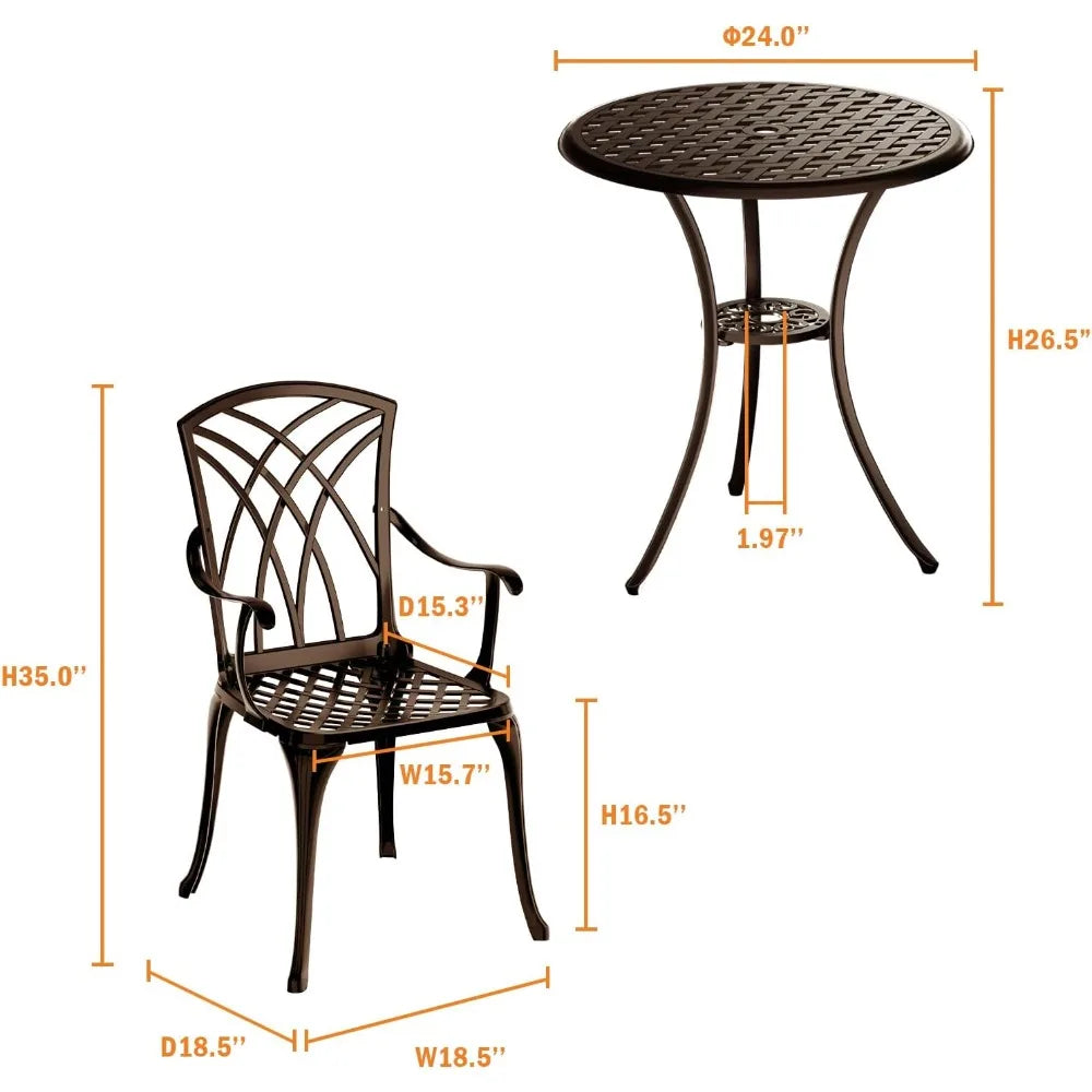 3-Piece Cast Aluminum Outdoor Bistro Set with Umbrella Hole for Balcony, Table and 2 Chairs