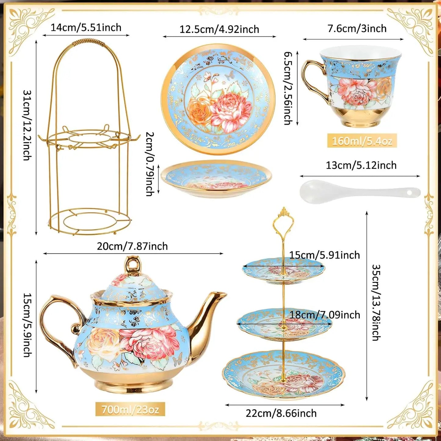 21 Pcs Adults European Floral Tea Set W/ Metal Holder  Tier Ceramic Cake Stand Porcelain  Flower Cup Teapot