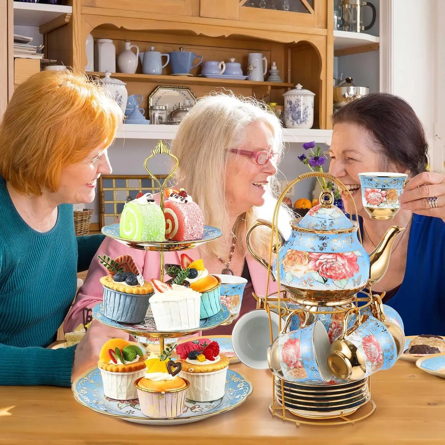 21 Pcs Adults European Floral Tea Set W/ Metal Holder  Tier Ceramic Cake Stand Porcelain  Flower Cup Teapot