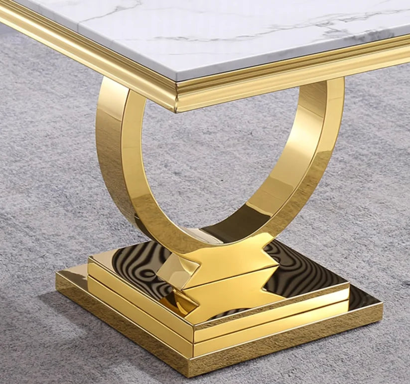 White Marble Coffee Table with Mirrored Stainless Steel Metal Base, Rectangle Faux Marble Top Coffee Table Center Tea