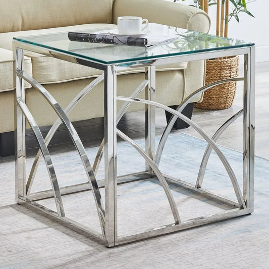 Accent Glass End Table Silver Modern Square 21.45" Glass and Silver End Table Coffee Table Tempered Glass with Stainless Steel F