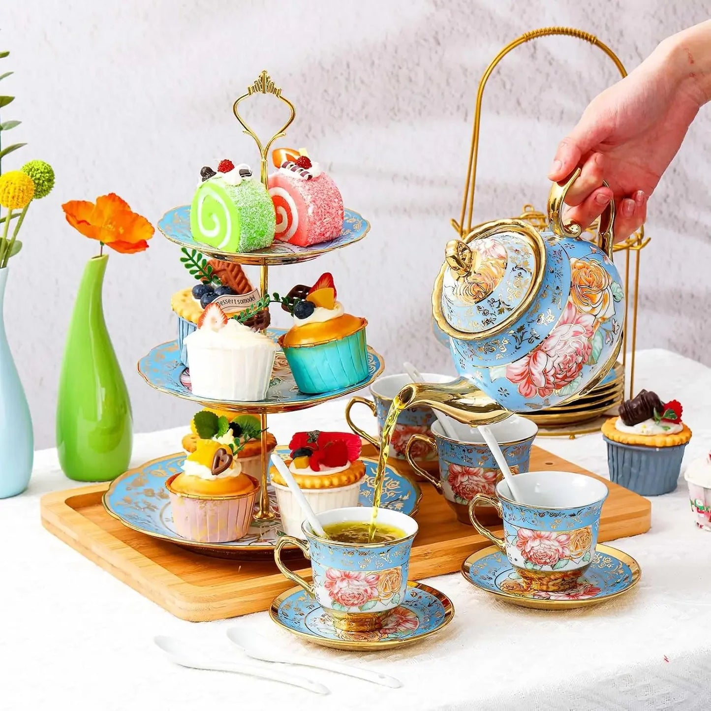 21 Pcs Adults European Floral Tea Set W/ Metal Holder  Tier Ceramic Cake Stand Porcelain  Flower Cup Teapot
