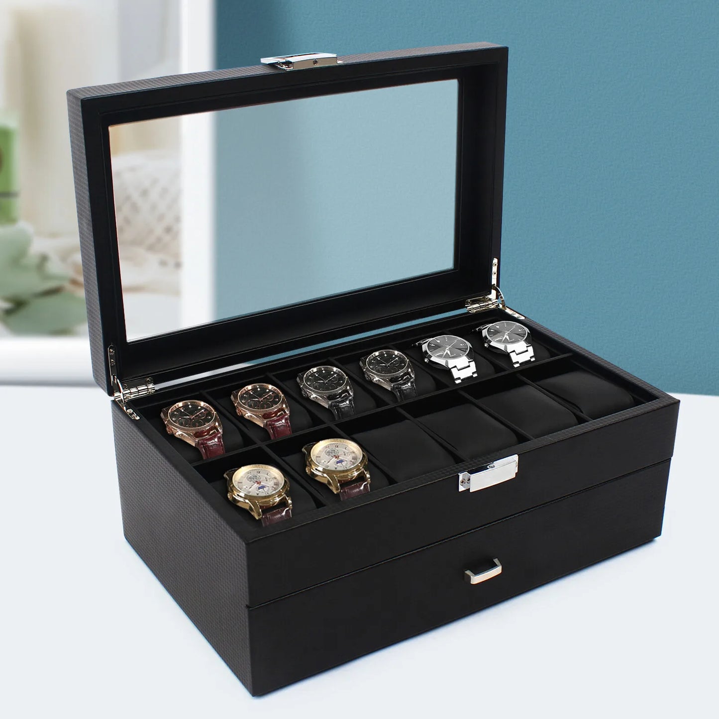 Hign-concerned 24 Slot Mens Watch Box Organizer With Drawer