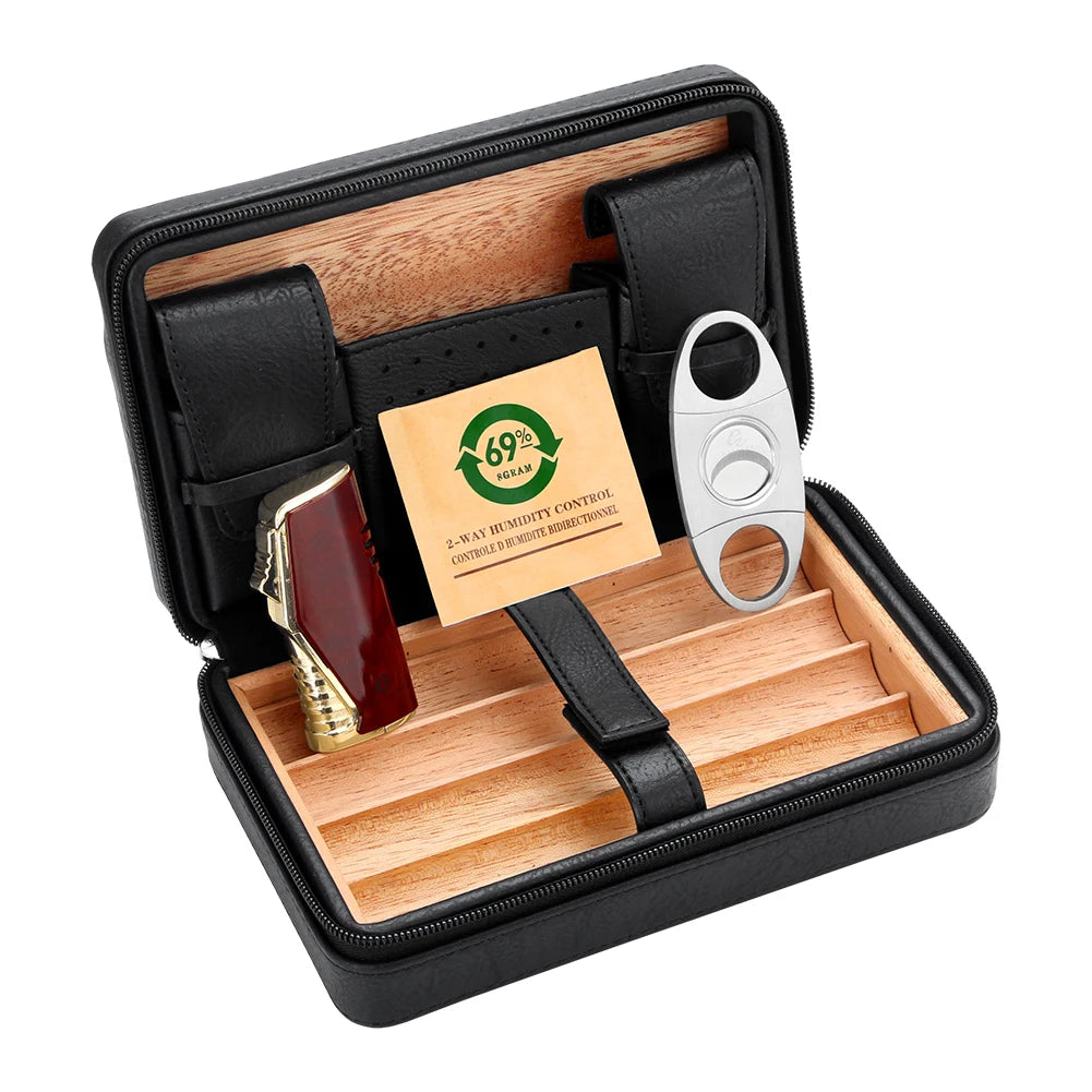 GALINER Cigar Humidor Box Travel Leather Cigar Case Cedar Wood Lined W/wo Lighter Cigar Cutter Humidity Control Pack For Humidor