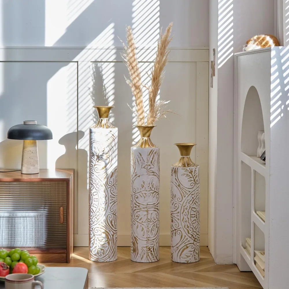 Set Of 3 Metal Vases With Briolette Accent Details