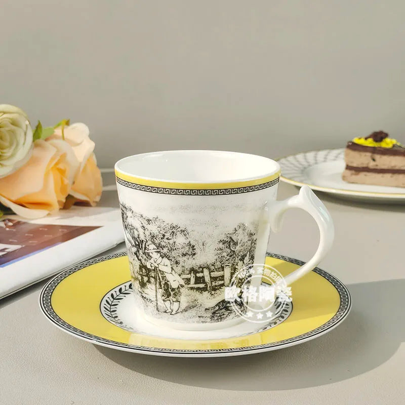 European Bone China Illustration Style German Orton Manor Home Western Plate Steak Plate Coffee Set Three-Piece Set Combination