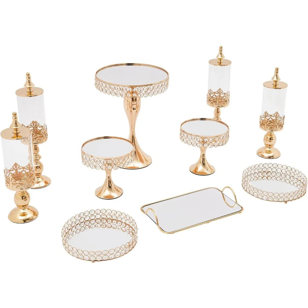 Crystal Gold Cake Stand Set 10 Pcs With Mirror Plate And Dessert Display
