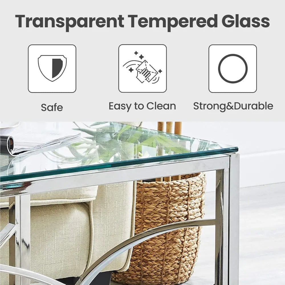 Accent Glass End Table Silver Modern Square 21.45" Glass and Silver End Table Coffee Table Tempered Glass with Stainless Steel F